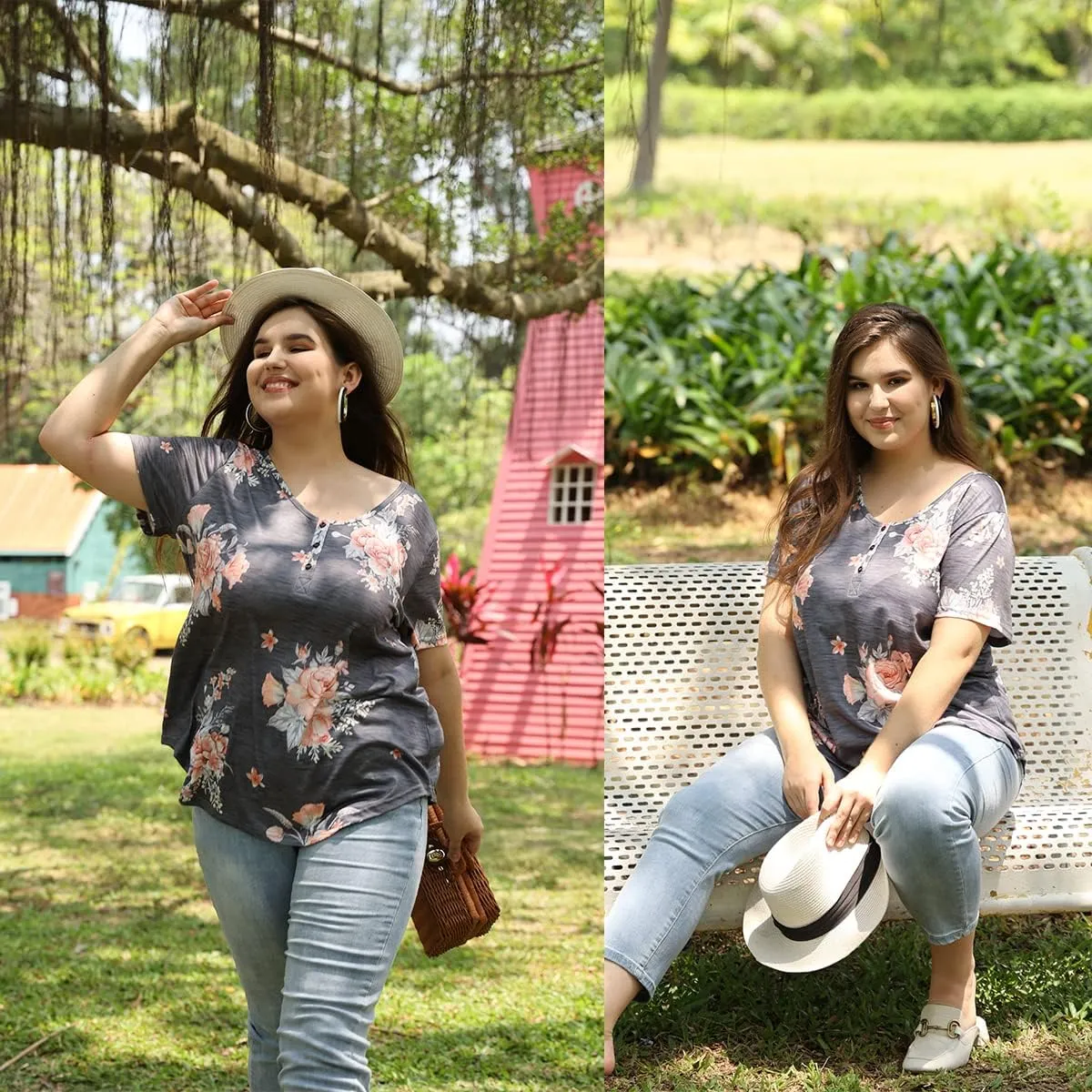 CARCOS Plus Size Tops for Women Button Up Henley Shirts Short Sleeve Summer T-Shirts V/Crewneck Casual Trendy Tunics XL-5XL