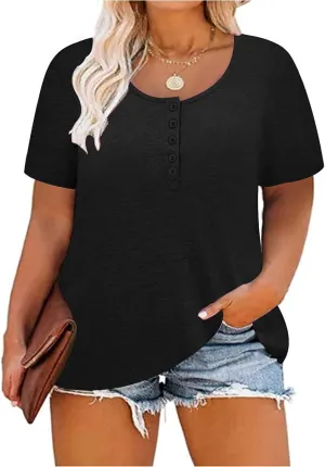 CARCOS Plus Size Tops for Women Button Up Henley Shirts Short Sleeve Summer T-Shirts V/Crewneck Casual Trendy Tunics XL-5XL
