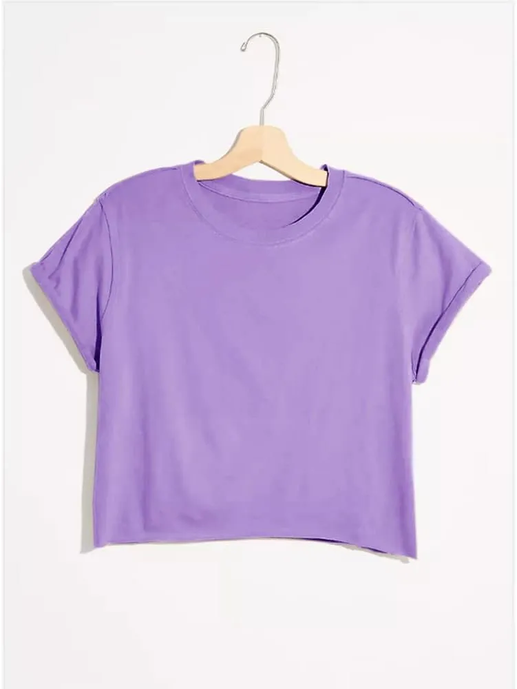 Carpetcom Women's Summer Casual Loose Fit Plain Soild Basic Short Sleeve Crop Tops T-Shirts