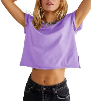Carpetcom Women's Summer Casual Loose Fit Plain Soild Basic Short Sleeve Crop Tops T-Shirts