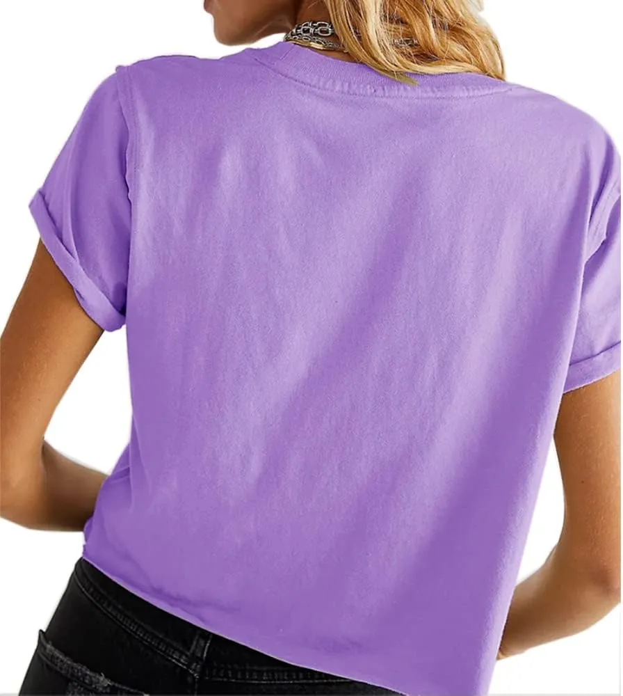 Carpetcom Women's Summer Casual Loose Fit Plain Soild Basic Short Sleeve Crop Tops T-Shirts