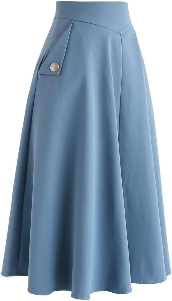CHICWISH Women's Classic Simplicity Blue A-Line Midi Skirt with Side Pockets