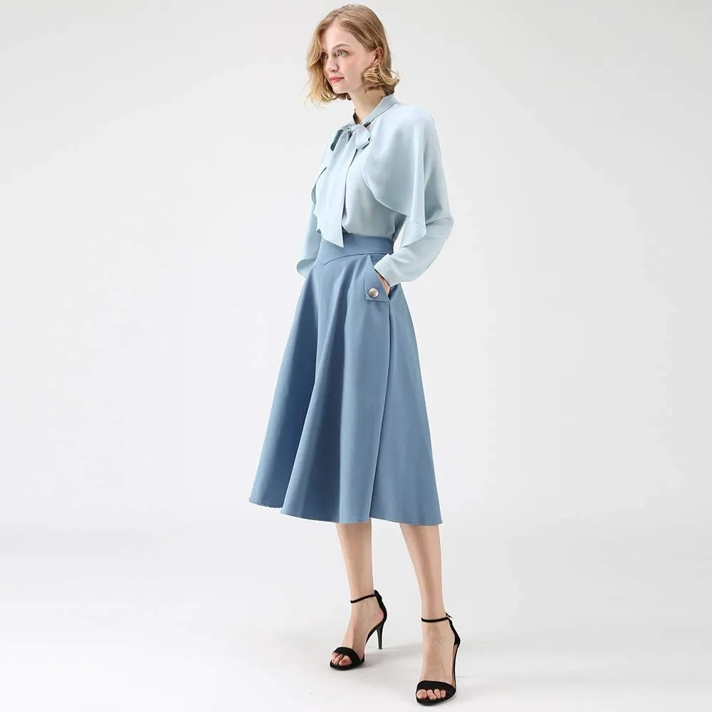 CHICWISH Women's Classic Simplicity Blue A-Line Midi Skirt with Side Pockets