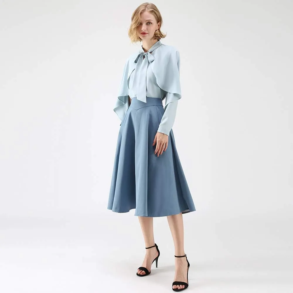 CHICWISH Women's Classic Simplicity Blue A-Line Midi Skirt with Side Pockets