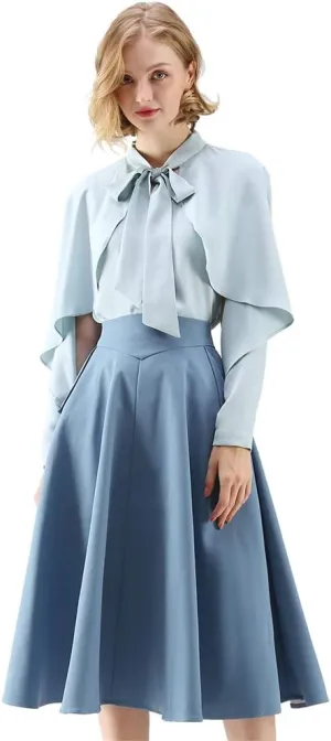 CHICWISH Women's Classic Simplicity Blue A-Line Midi Skirt with Side Pockets