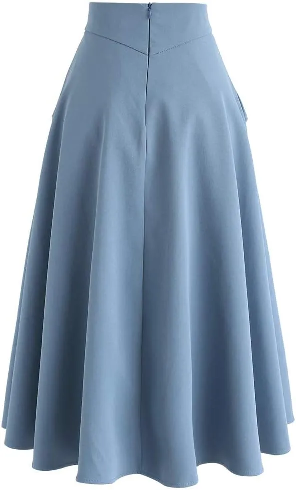 CHICWISH Women's Classic Simplicity Blue A-Line Midi Skirt with Side Pockets