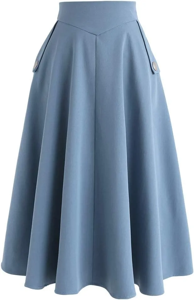 CHICWISH Women's Classic Simplicity Blue A-Line Midi Skirt with Side Pockets