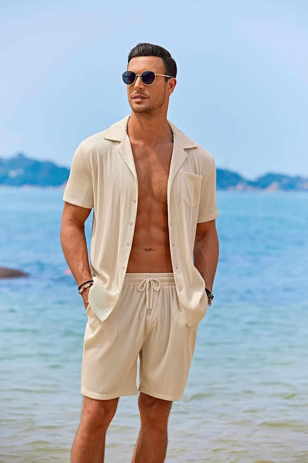 COOFANDY Men's 2 Pieces Shirt Sets Short Sleeve Casual Button Down Hippie T-Shirts Shorts Sets Summer Fashion Beach Outfits