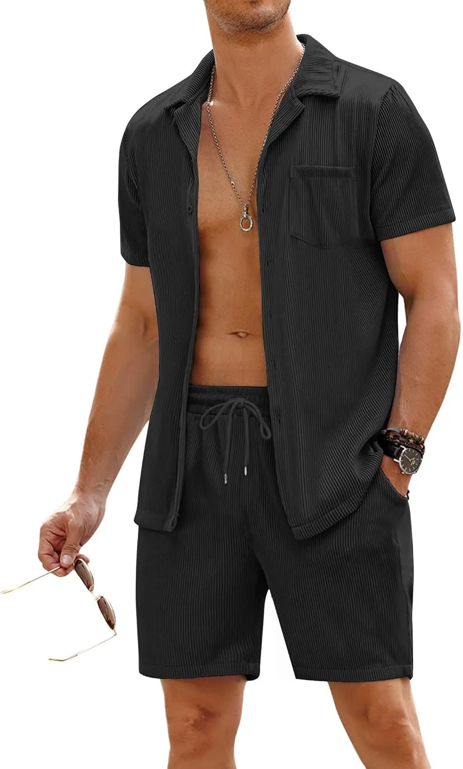 COOFANDY Men's 2 Pieces Shirt Sets Short Sleeve Casual Button Down Hippie T-Shirts Shorts Sets Summer Fashion Beach Outfits