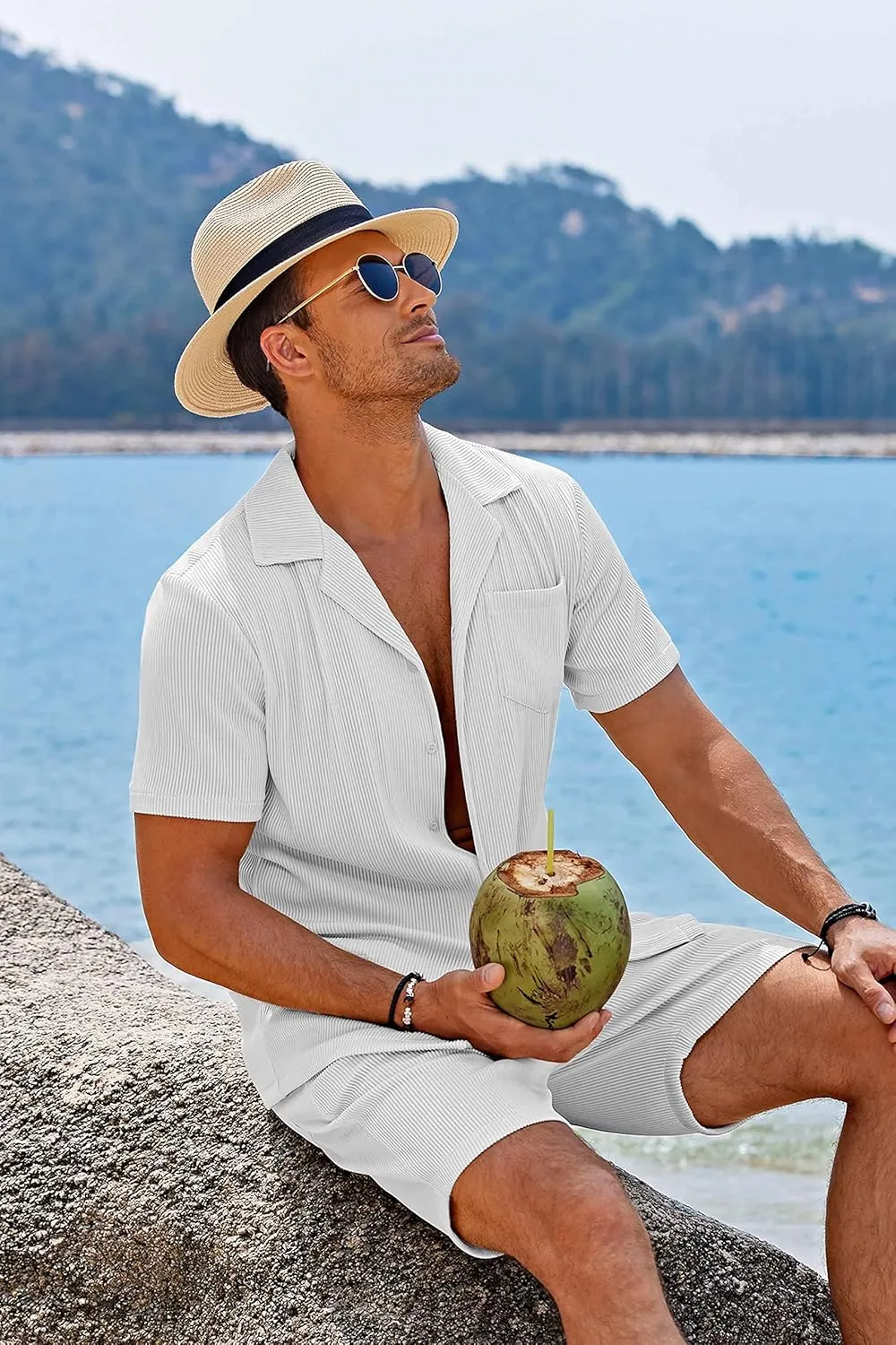 COOFANDY Men's 2 Pieces Shirt Sets Short Sleeve Casual Button Down Hippie T-Shirts Shorts Sets Summer Fashion Beach Outfits