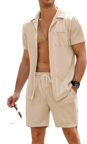 COOFANDY Men's 2 Pieces Shirt Sets Short Sleeve Casual Button Down Hippie T-Shirts Shorts Sets Summer Fashion Beach Outfits