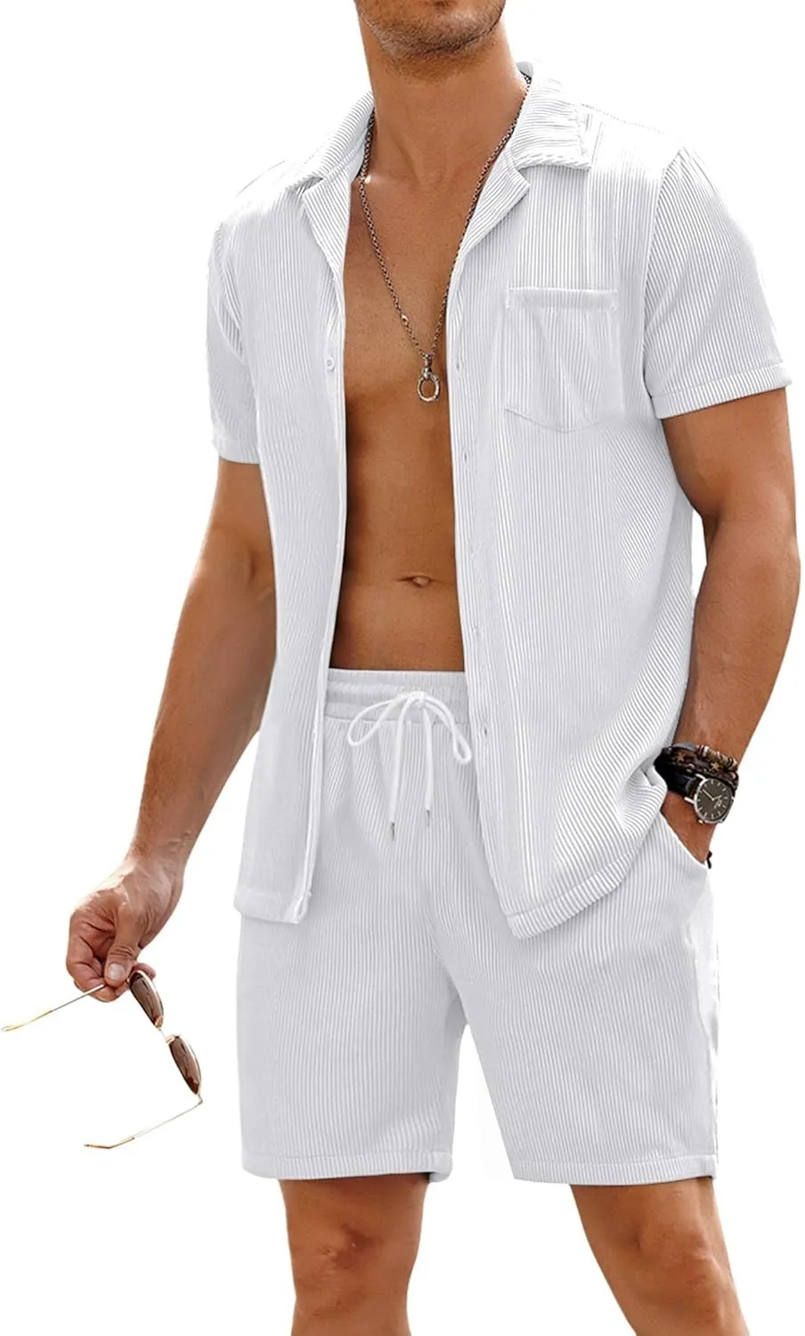 COOFANDY Men's 2 Pieces Shirt Sets Short Sleeve Casual Button Down Hippie T-Shirts Shorts Sets Summer Fashion Beach Outfits