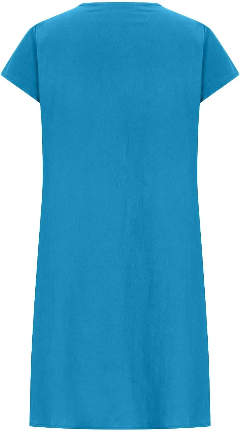 Cotton Linen Dress for Womens Vintage Summer Casual Short Sleeve Ruched T Shirts Dress Loose Fit A-Line Beach Sundress