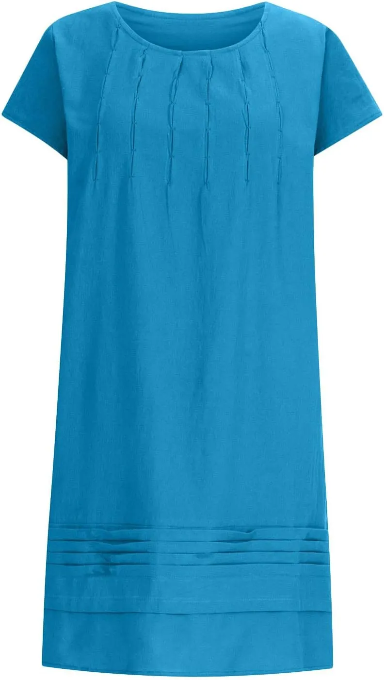 Cotton Linen Dress for Womens Vintage Summer Casual Short Sleeve Ruched T Shirts Dress Loose Fit A-Line Beach Sundress