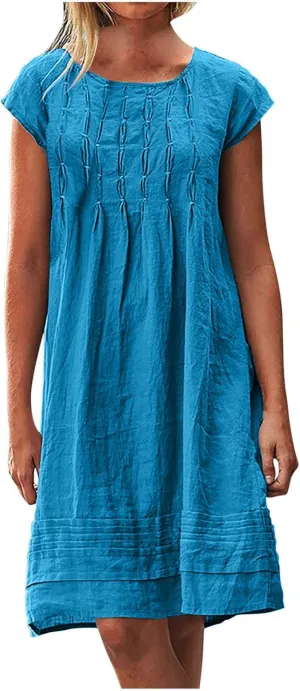 Cotton Linen Dress for Womens Vintage Summer Casual Short Sleeve Ruched T Shirts Dress Loose Fit A-Line Beach Sundress