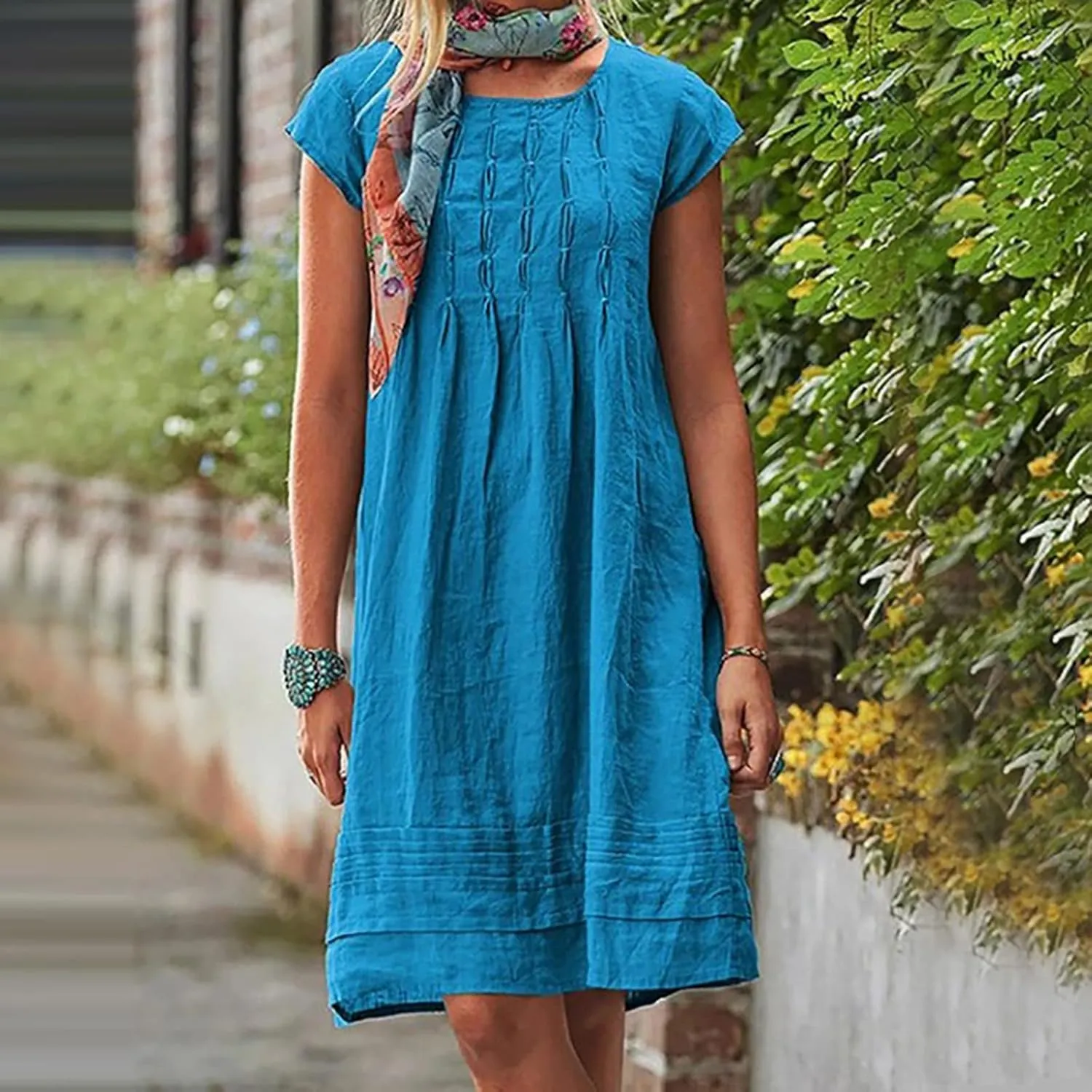 Cotton Linen Dress for Womens Vintage Summer Casual Short Sleeve Ruched T Shirts Dress Loose Fit A-Line Beach Sundress