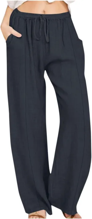 Cotton Linen Pants Women Casual Summer Tie High Waisted Wide Leg Palazzo Pants Solid Loose Fit Plus Size Trousers