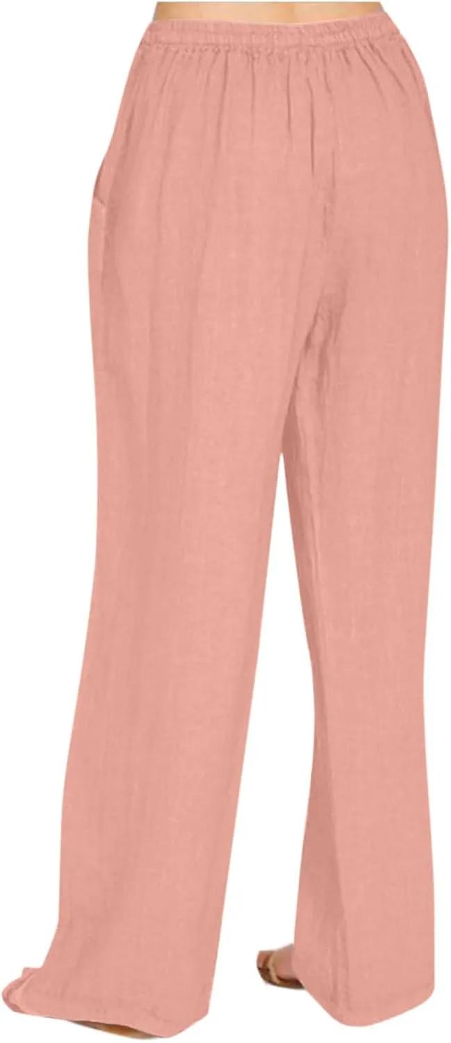 Cotton Linen Pants Women Casual Summer Tie High Waisted Wide Leg Palazzo Pants Solid Loose Fit Plus Size Trousers