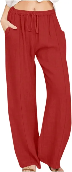 Cotton Linen Pants Women Casual Summer Tie High Waisted Wide Leg Palazzo Pants Solid Loose Fit Plus Size Trousers