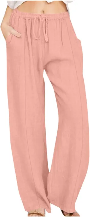 Cotton Linen Pants Women Casual Summer Tie High Waisted Wide Leg Palazzo Pants Solid Loose Fit Plus Size Trousers