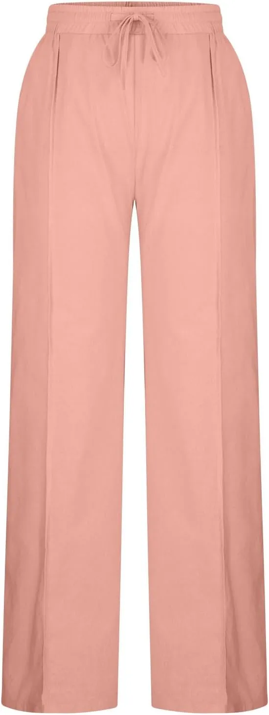 Cotton Linen Pants Women Casual Summer Tie High Waisted Wide Leg Palazzo Pants Solid Loose Fit Plus Size Trousers