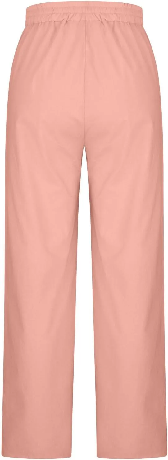 Cotton Linen Pants Women Casual Summer Tie High Waisted Wide Leg Palazzo Pants Solid Loose Fit Plus Size Trousers
