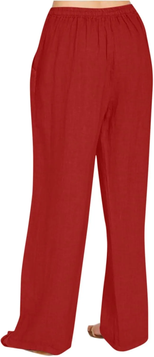 Cotton Linen Pants Women Casual Summer Tie High Waisted Wide Leg Palazzo Pants Solid Loose Fit Plus Size Trousers