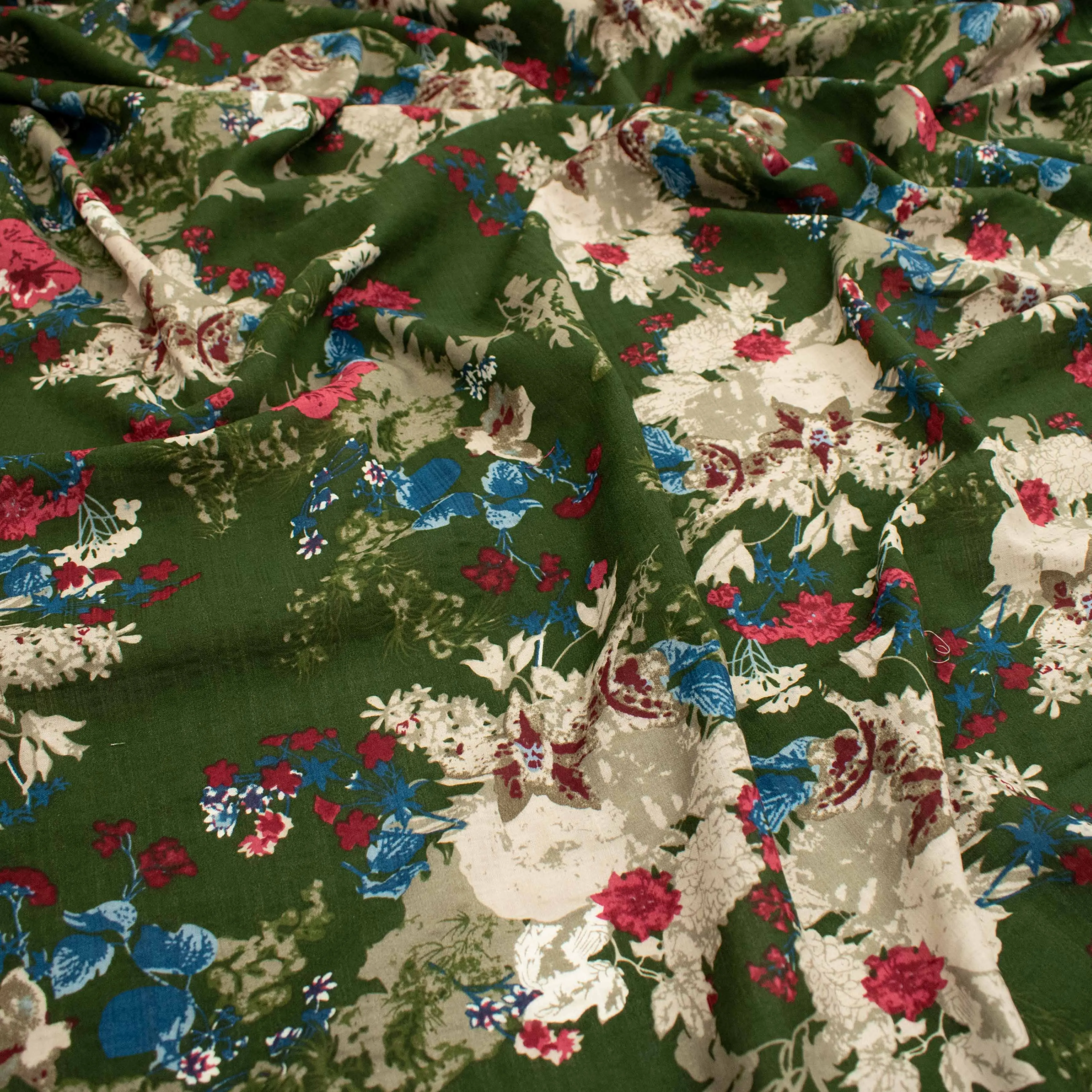 Crinkle Cotton Prints Design-1 Beige Floral on Forest Green
