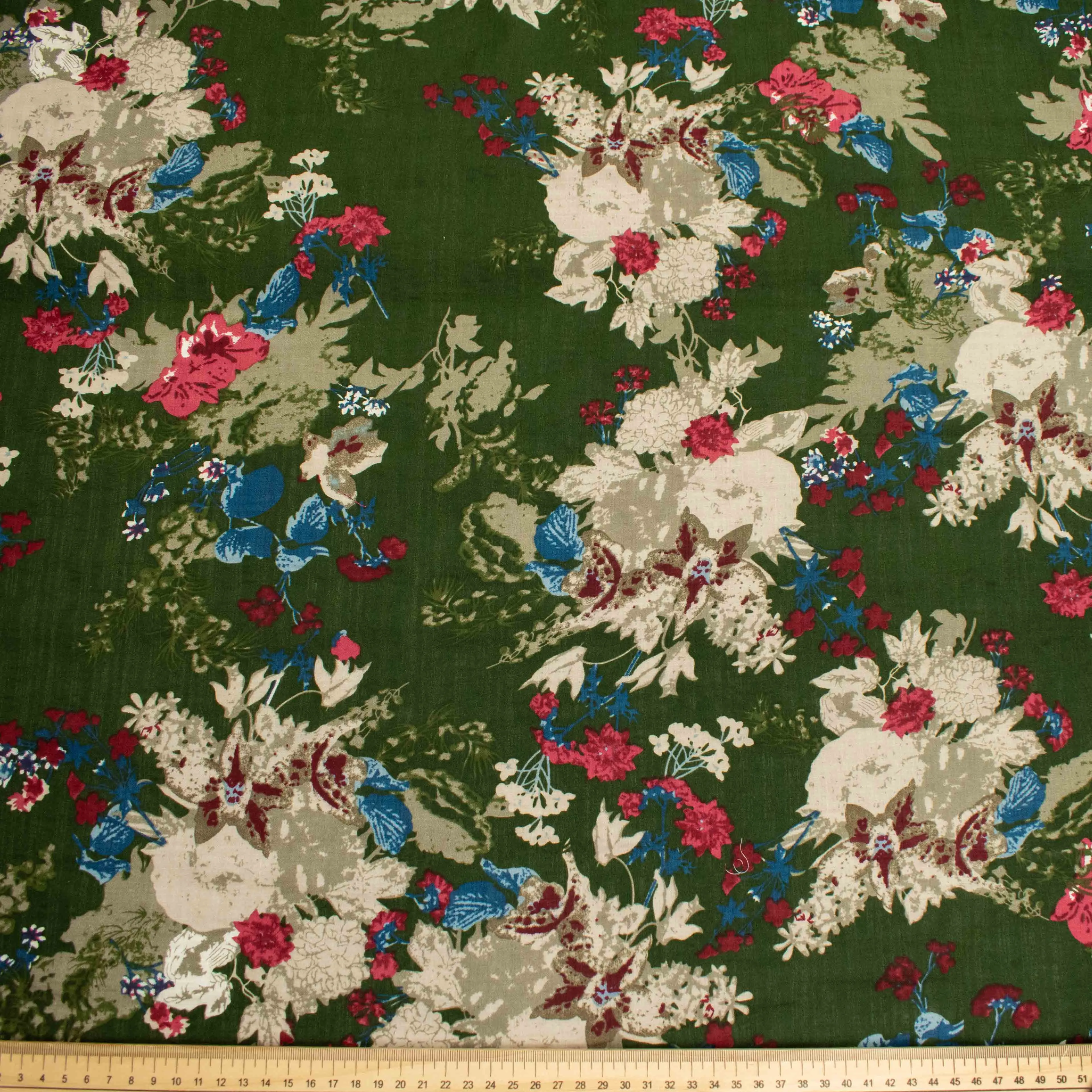 Crinkle Cotton Prints Design-1 Beige Floral on Forest Green