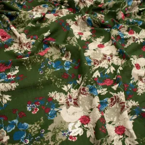 Crinkle Cotton Prints Design-1 Beige Floral on Forest Green