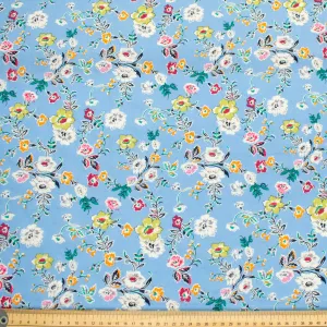 Crinkle Cotton Prints Design-23 White & Pink Flowers on Sky Blue