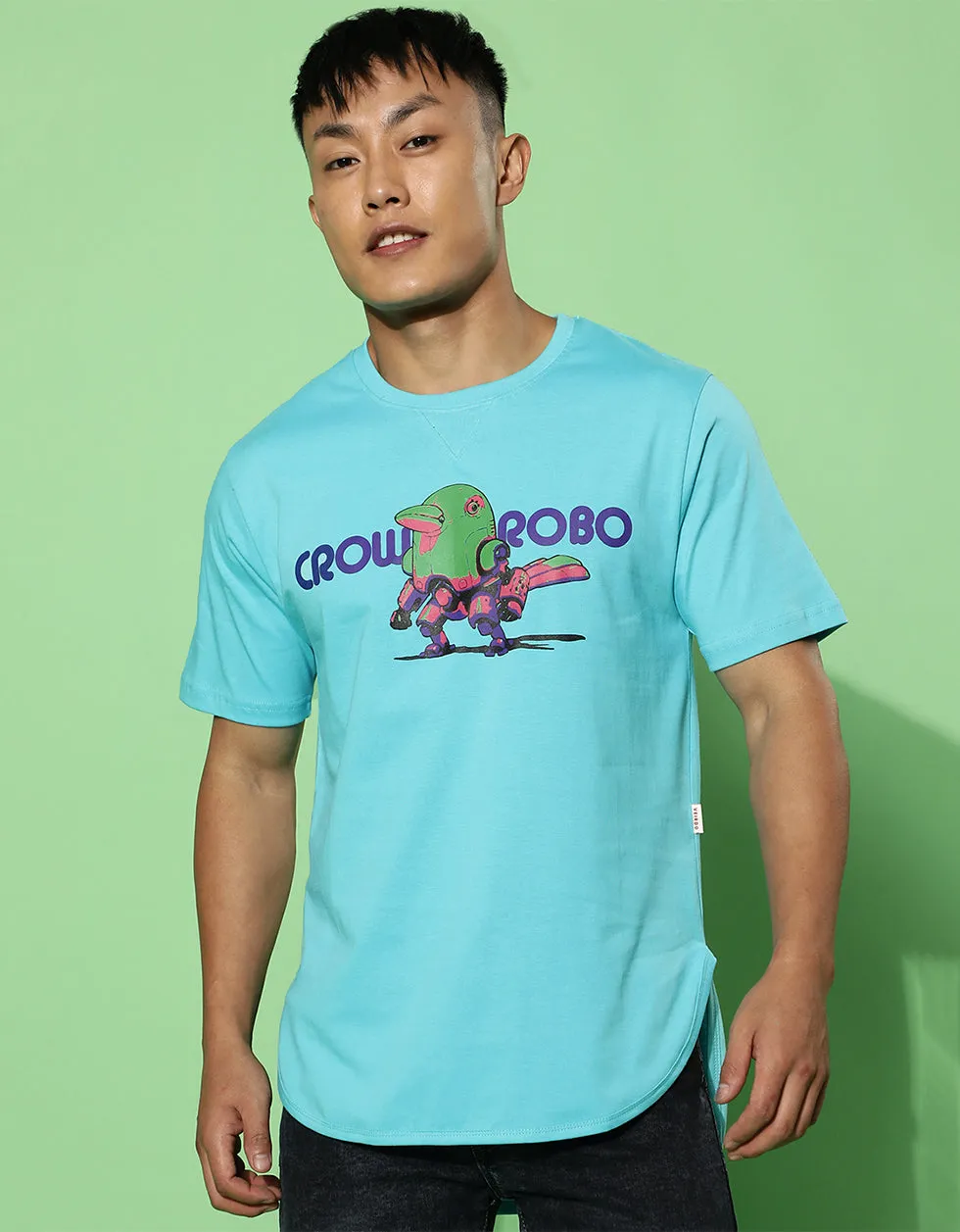 Crow Robo Blue High Low Regular Chest Graphic Printed Tshirt