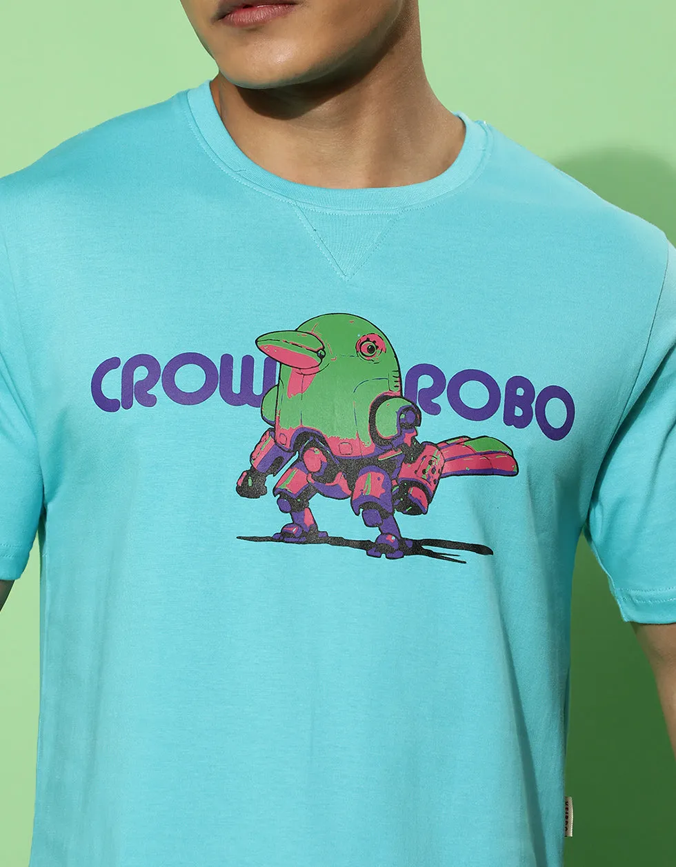 Crow Robo Blue High Low Regular Chest Graphic Printed Tshirt
