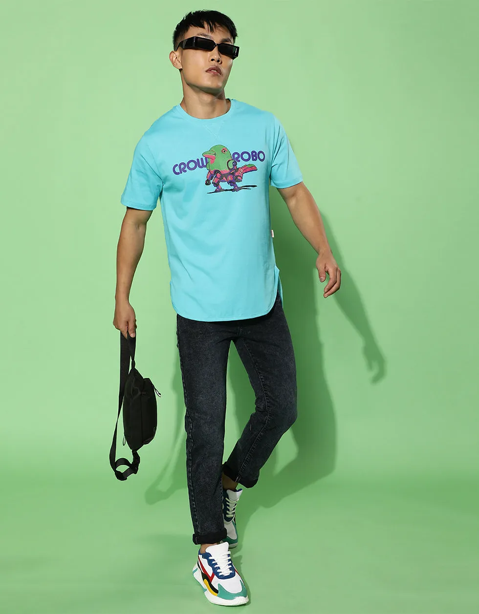 Crow Robo Blue High Low Regular Chest Graphic Printed Tshirt