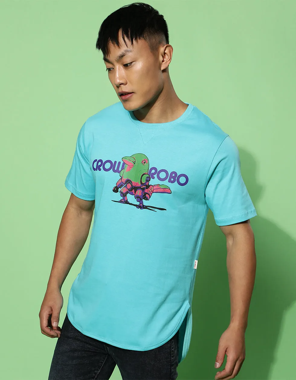 Crow Robo Blue High Low Regular Chest Graphic Printed Tshirt