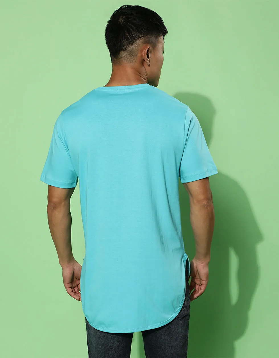 Crow Robo Blue High Low Regular Chest Graphic Printed Tshirt