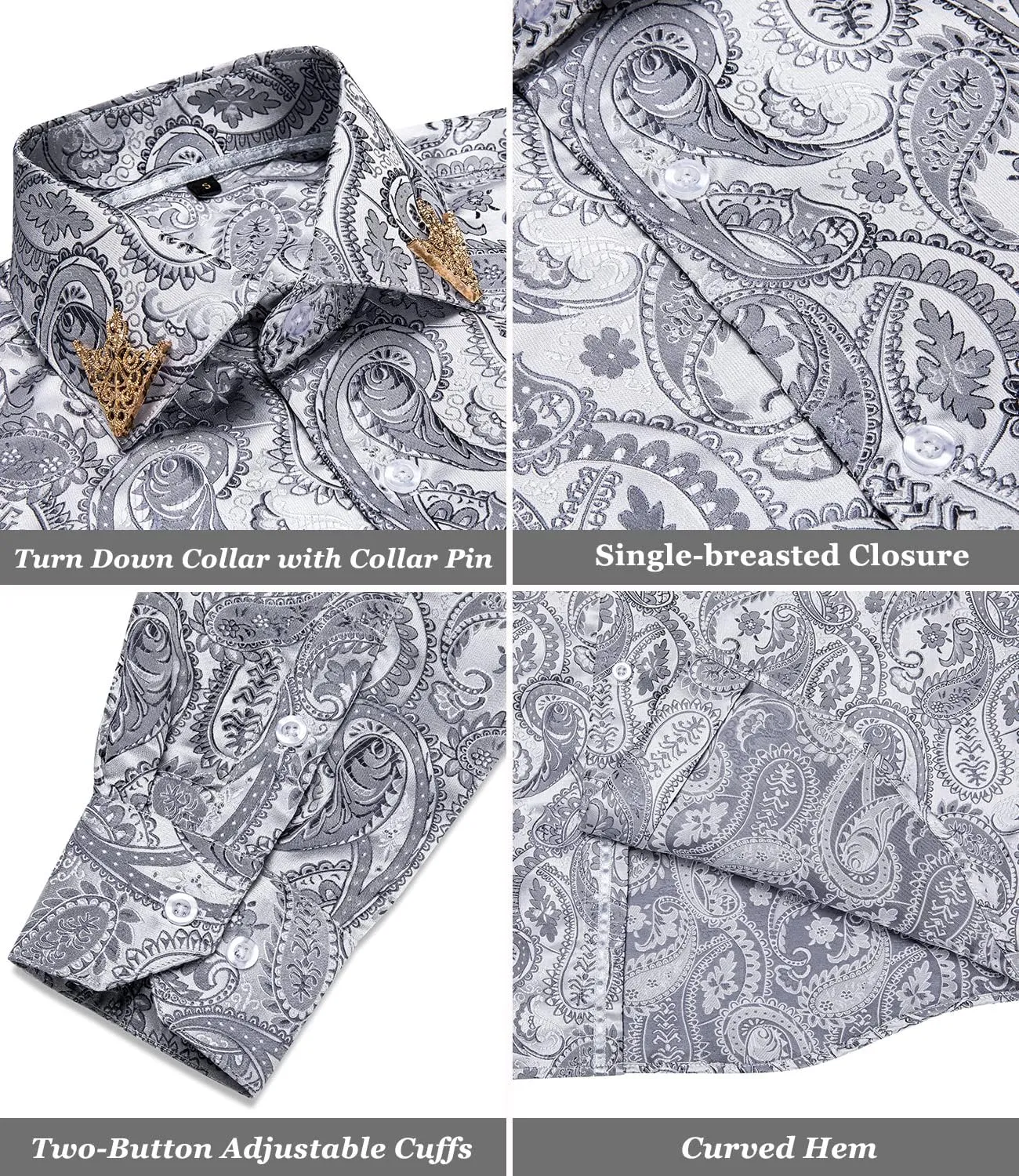 DiBanGu Mens Shirt, Paisley Floral Dress Shirt Long Sleeve with Collar Pin Brooch