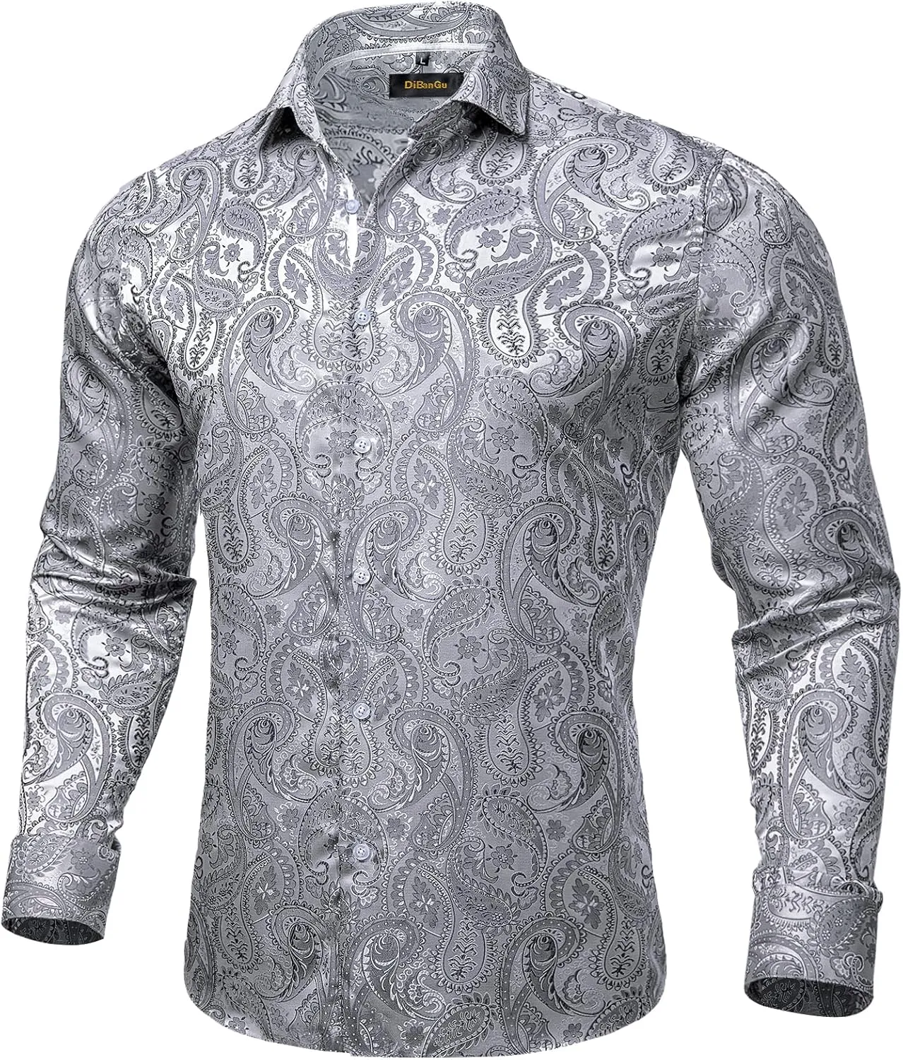 DiBanGu Mens Shirt, Paisley Floral Dress Shirt Long Sleeve with Collar Pin Brooch