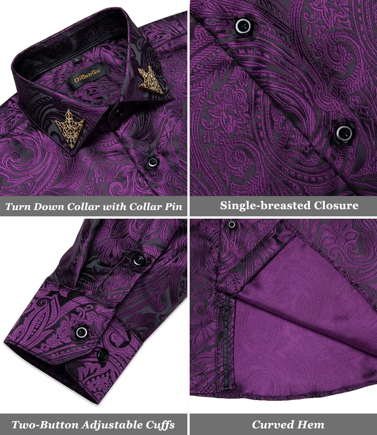 DiBanGu Mens Shirt, Paisley Floral Dress Shirt Long Sleeve with Collar Pin Brooch