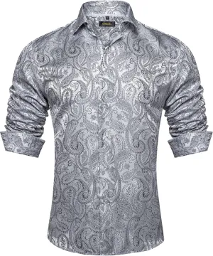 DiBanGu Mens Shirt, Paisley Floral Dress Shirt Long Sleeve with Collar Pin Brooch