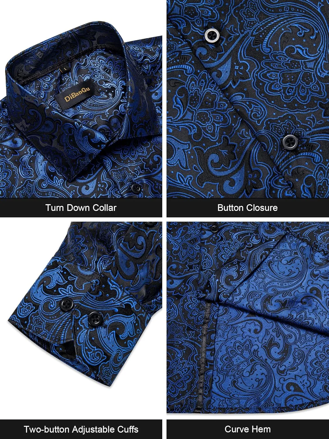 DiBanGu Mens Shirt, Paisley Floral Dress Shirt Long Sleeve with Collar Pin Brooch