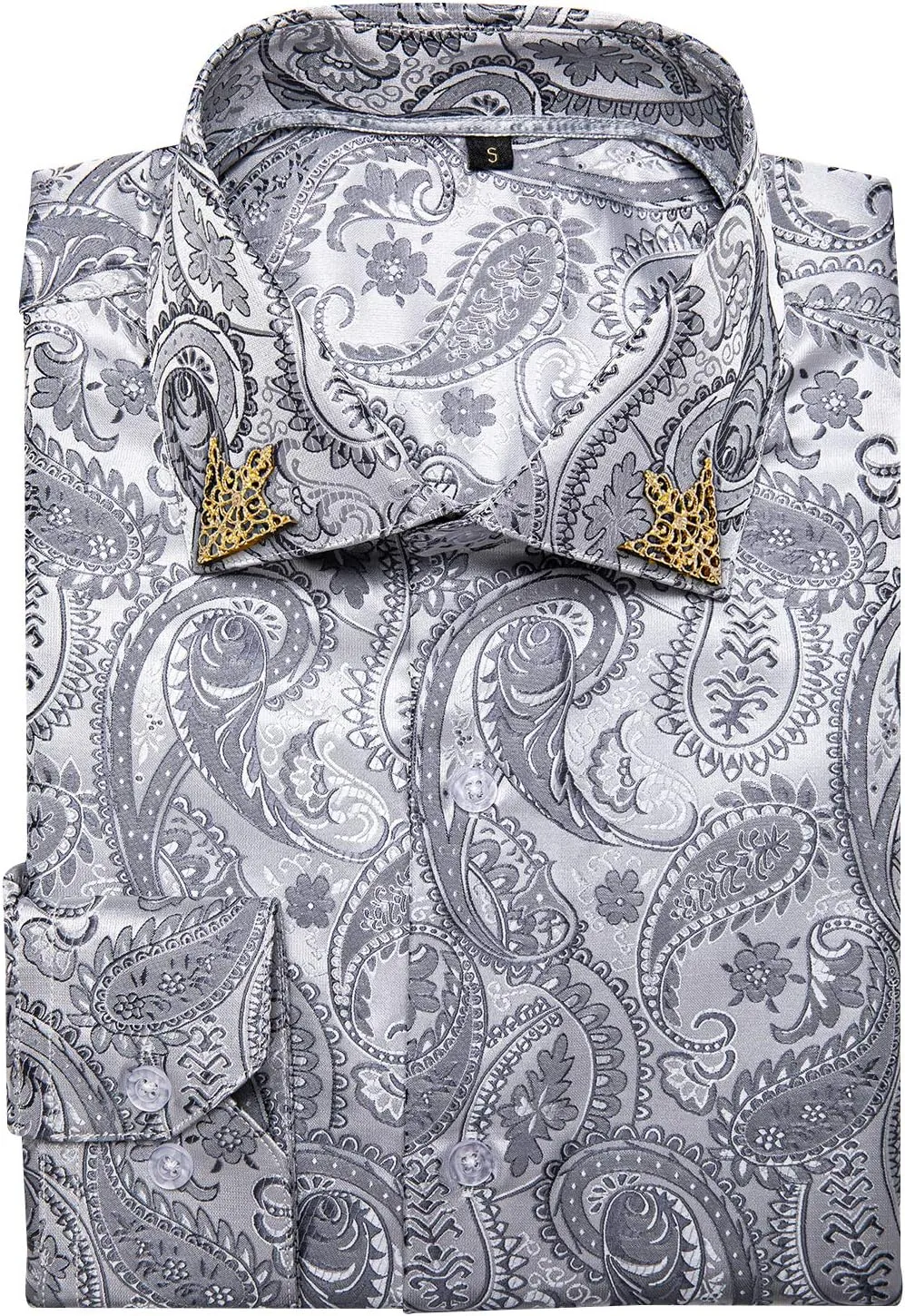 DiBanGu Mens Shirt, Paisley Floral Dress Shirt Long Sleeve with Collar Pin Brooch