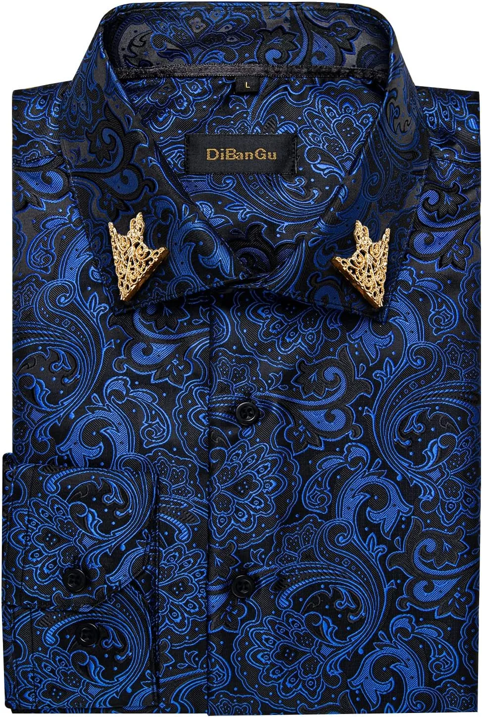 DiBanGu Mens Shirt, Paisley Floral Dress Shirt Long Sleeve with Collar Pin Brooch