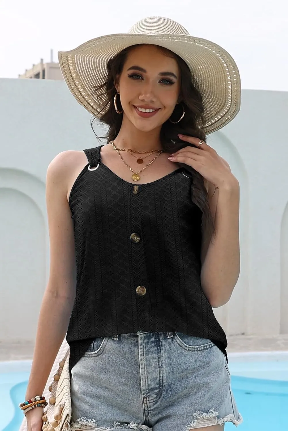 Disamer Tank Tops for Women 2025 Vacation Summer Spring Outfits Lace V Neck Button Down Loose Fit Sleeveless T Shirts