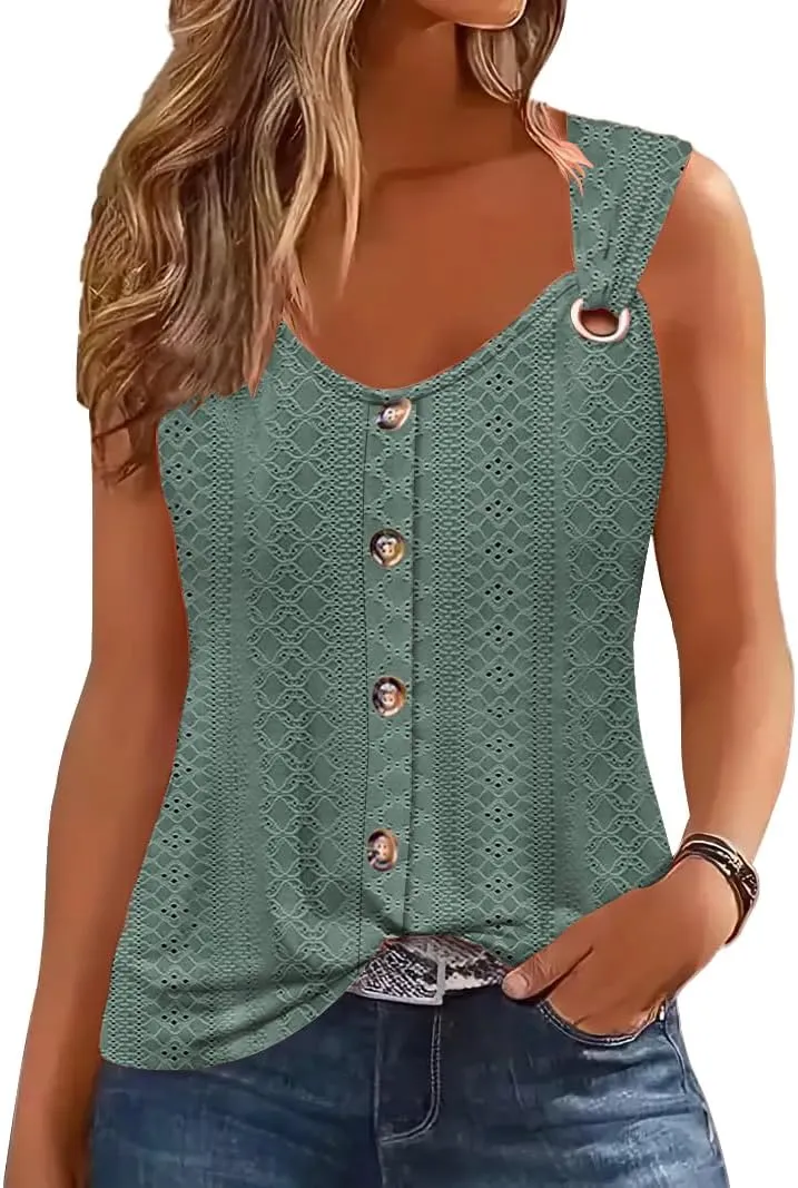 Disamer Tank Tops for Women 2025 Vacation Summer Spring Outfits Lace V Neck Button Down Loose Fit Sleeveless T Shirts