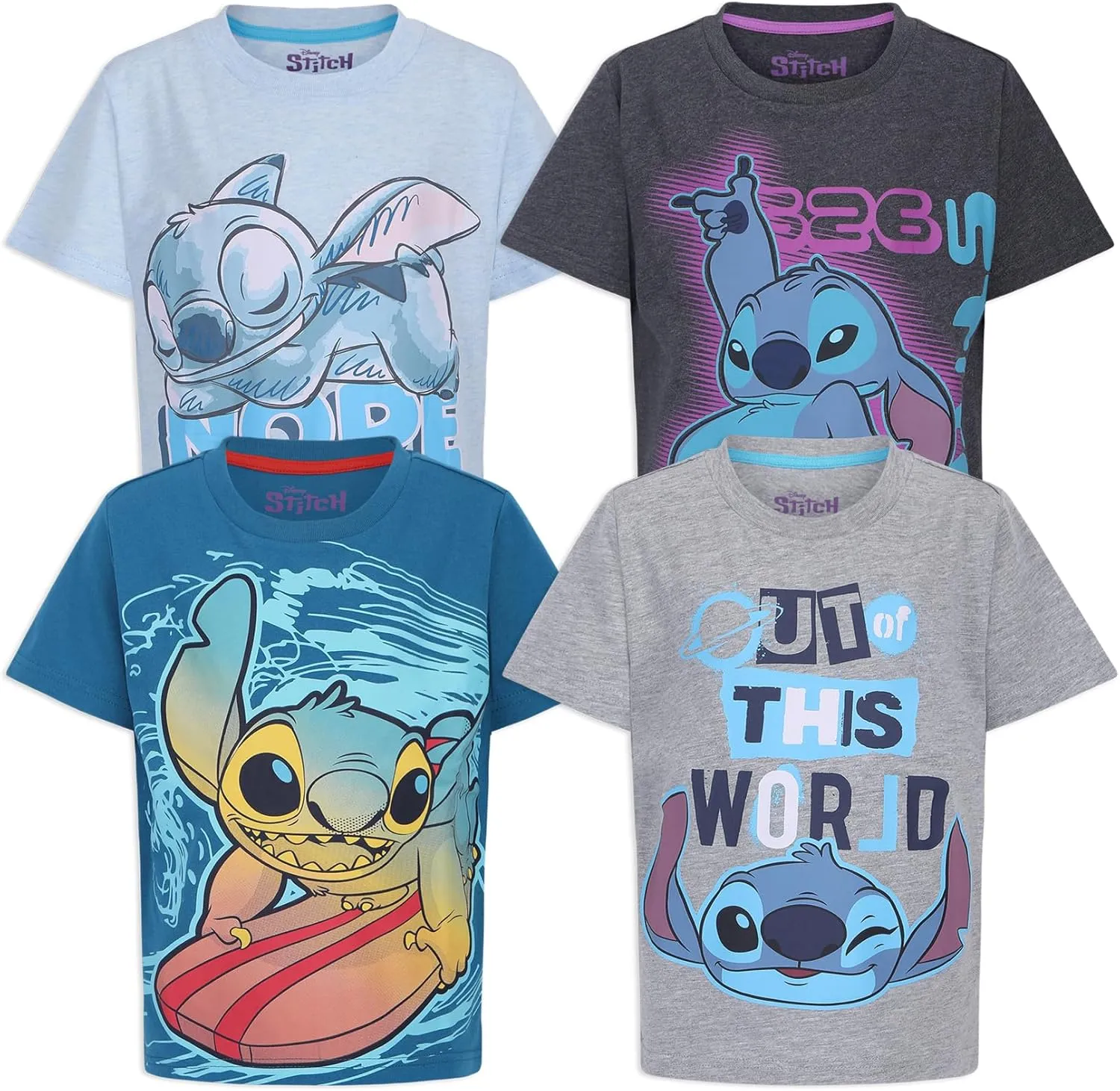 Disney Lilo & Stitch Boys 4 Pack Short Sleeve T-Shirt for Big Kids