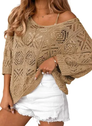 Dokotoo Women's 2025 Spring Summer Crochet Hollow Out 3/4 Sleeve Pullover Sweater Off Shoulder T-Shirts
