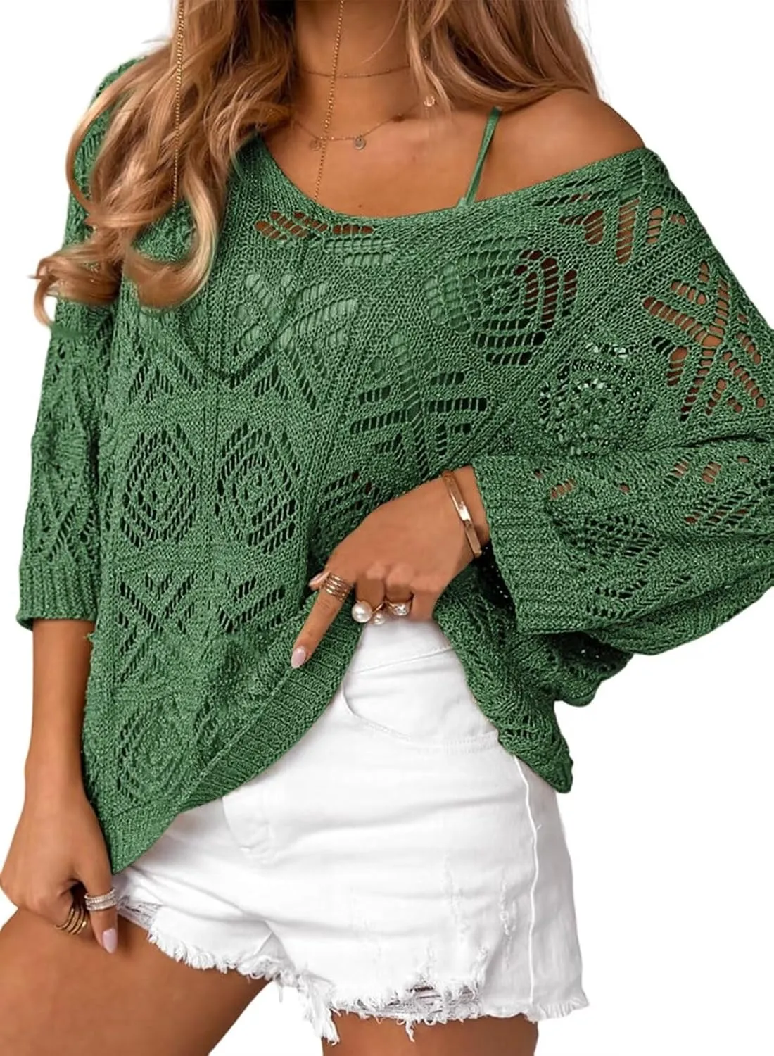 Dokotoo Women's 2025 Spring Summer Crochet Hollow Out 3/4 Sleeve Pullover Sweater Off Shoulder T-Shirts