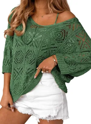 Dokotoo Women's 2025 Spring Summer Crochet Hollow Out 3/4 Sleeve Pullover Sweater Off Shoulder T-Shirts