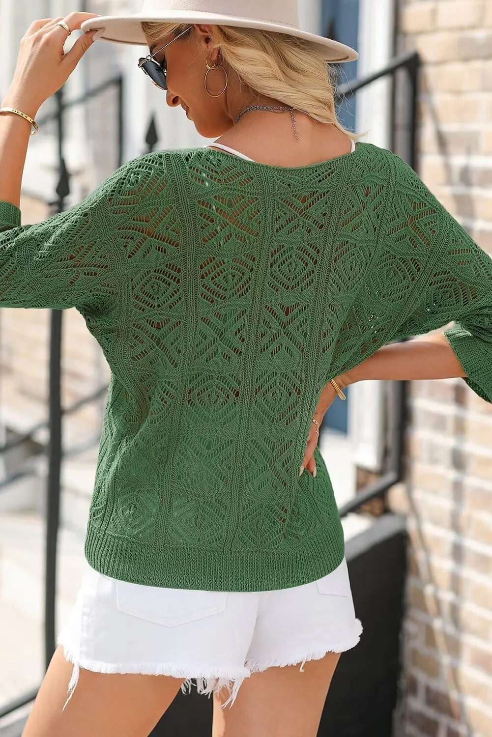 Dokotoo Women's 2025 Spring Summer Crochet Hollow Out 3/4 Sleeve Pullover Sweater Off Shoulder T-Shirts